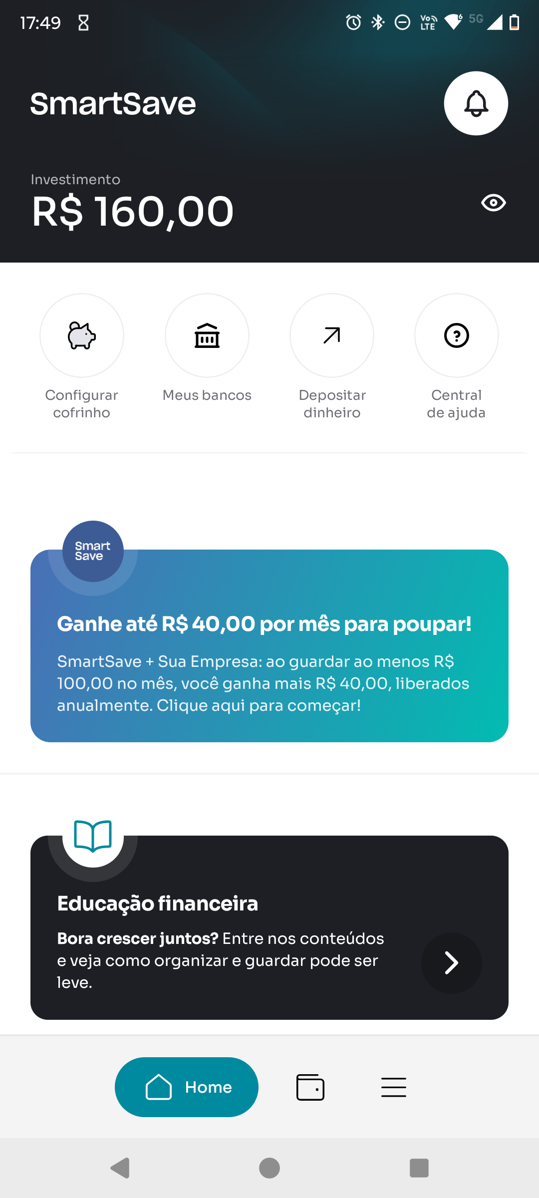Tela inicial do app SmartSave com o incentivo do programa em destaque
