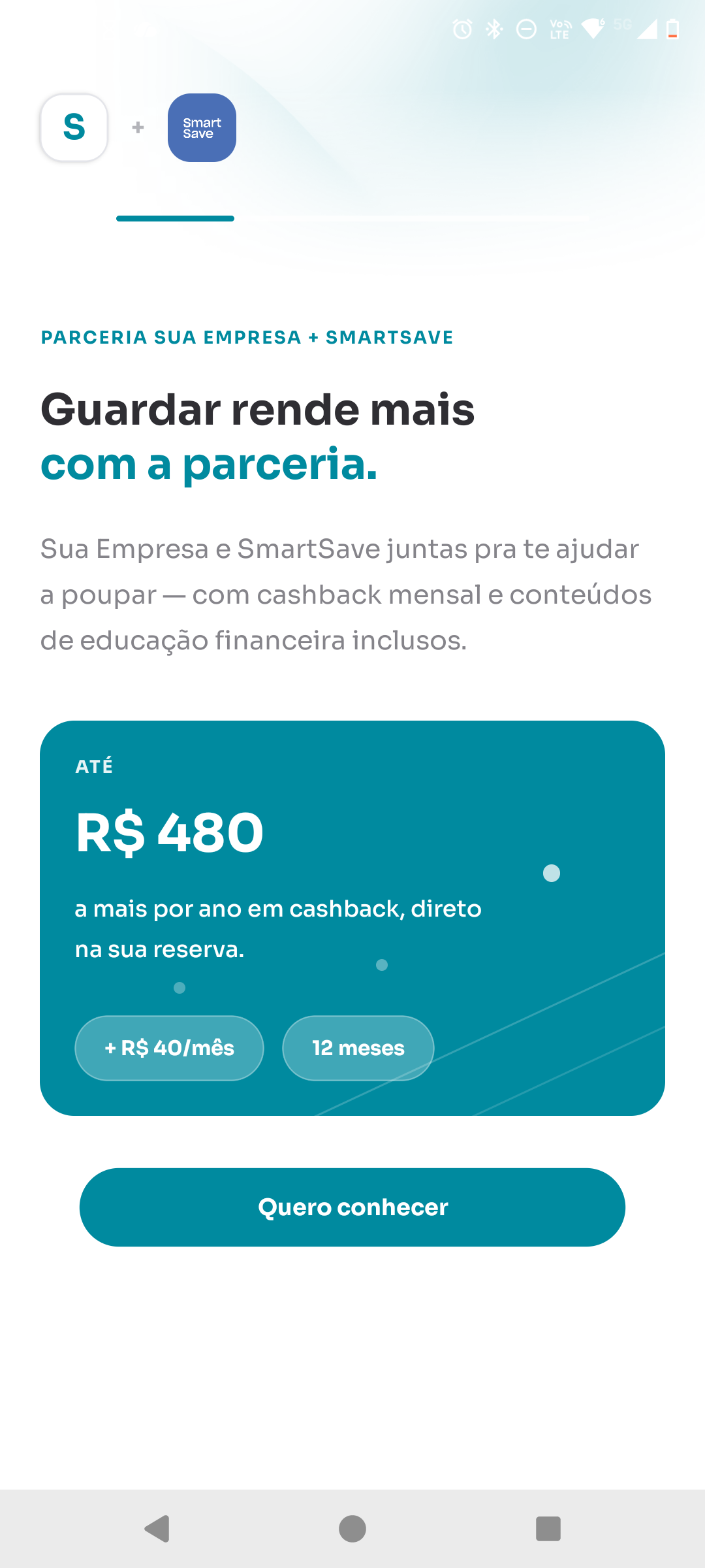 Tela do app SmartSave mostrando a parceria de uma empresa com o programa de poupança e cashback